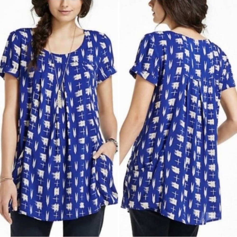 Anthropologie Cobalt Blue Check Print Short Sleeve Pocket Babydoll Top - Picture 9 of 10